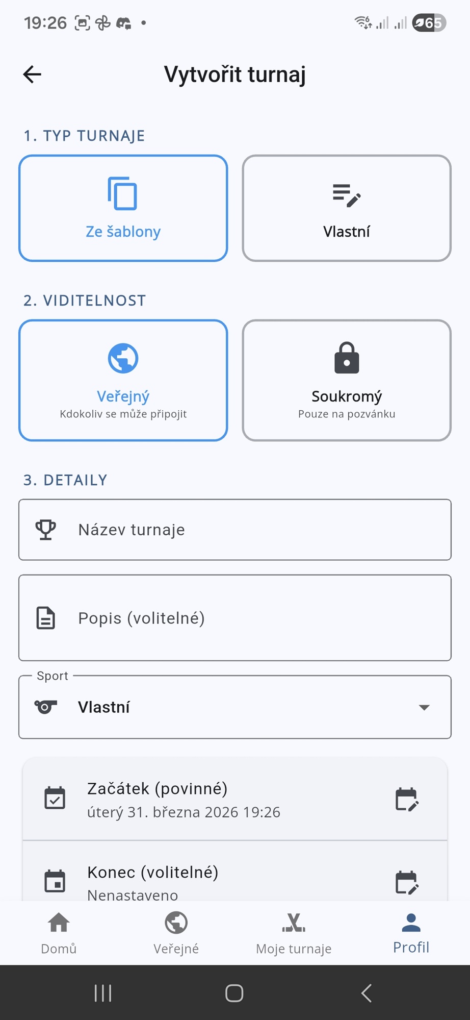 Vytvořit turnaj – nastavení