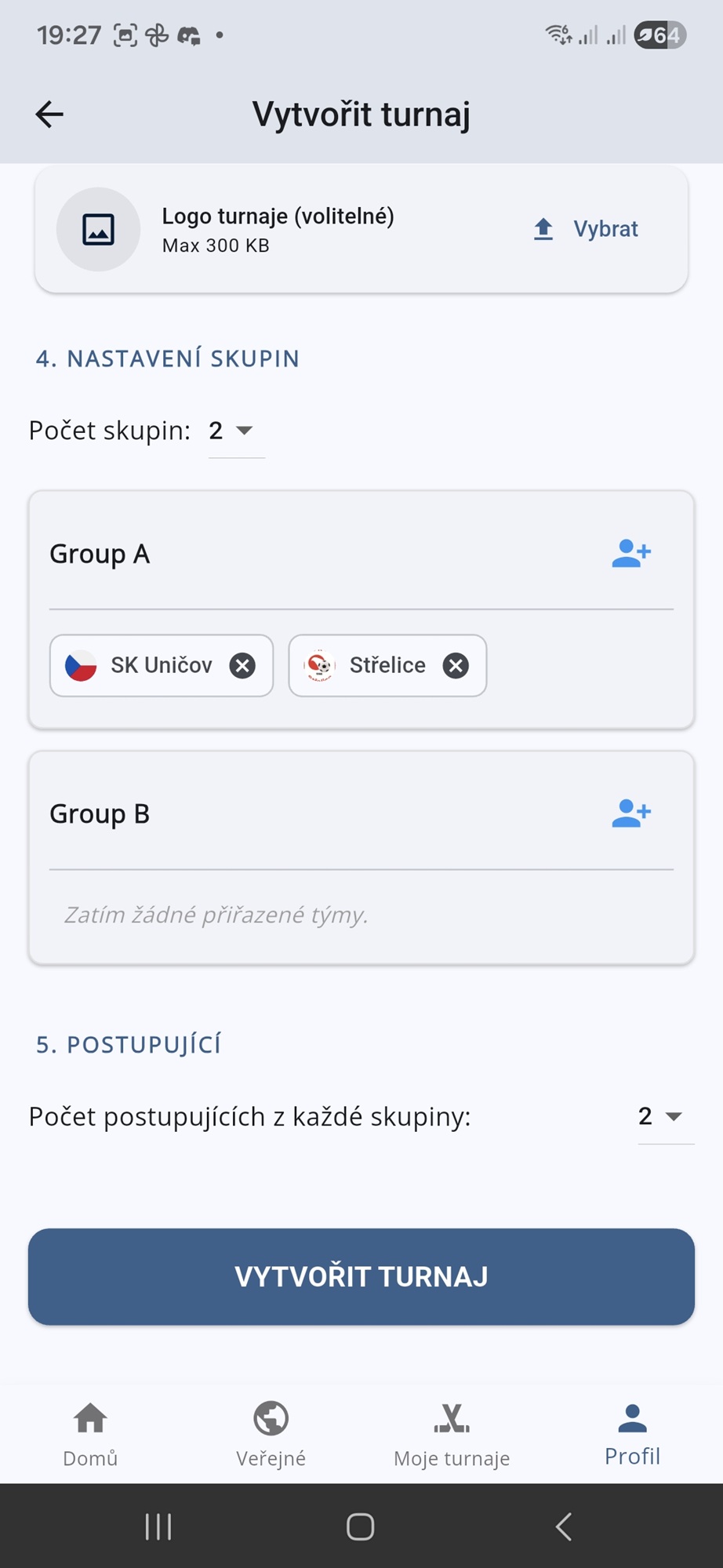 Vytvořit turnaj – skupiny